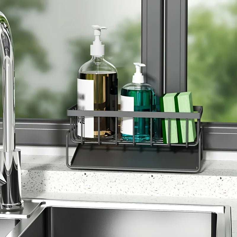 Multi-Functional Sink Caddy Organizer 9.1"Wide for Kitchen Storage Sponge Drain Rack with Dishcloth Holder for Space Saving