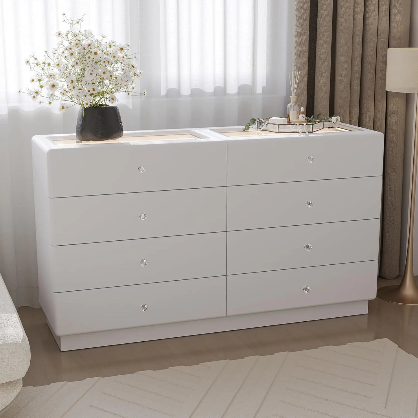 "White 53" Dresser w/Glass Top & 8 Drawers - Modern Wood