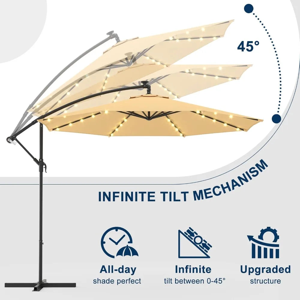 10ft Solar Lighted Patio Umbrella, Offset Cantilever, Infinite Tilt