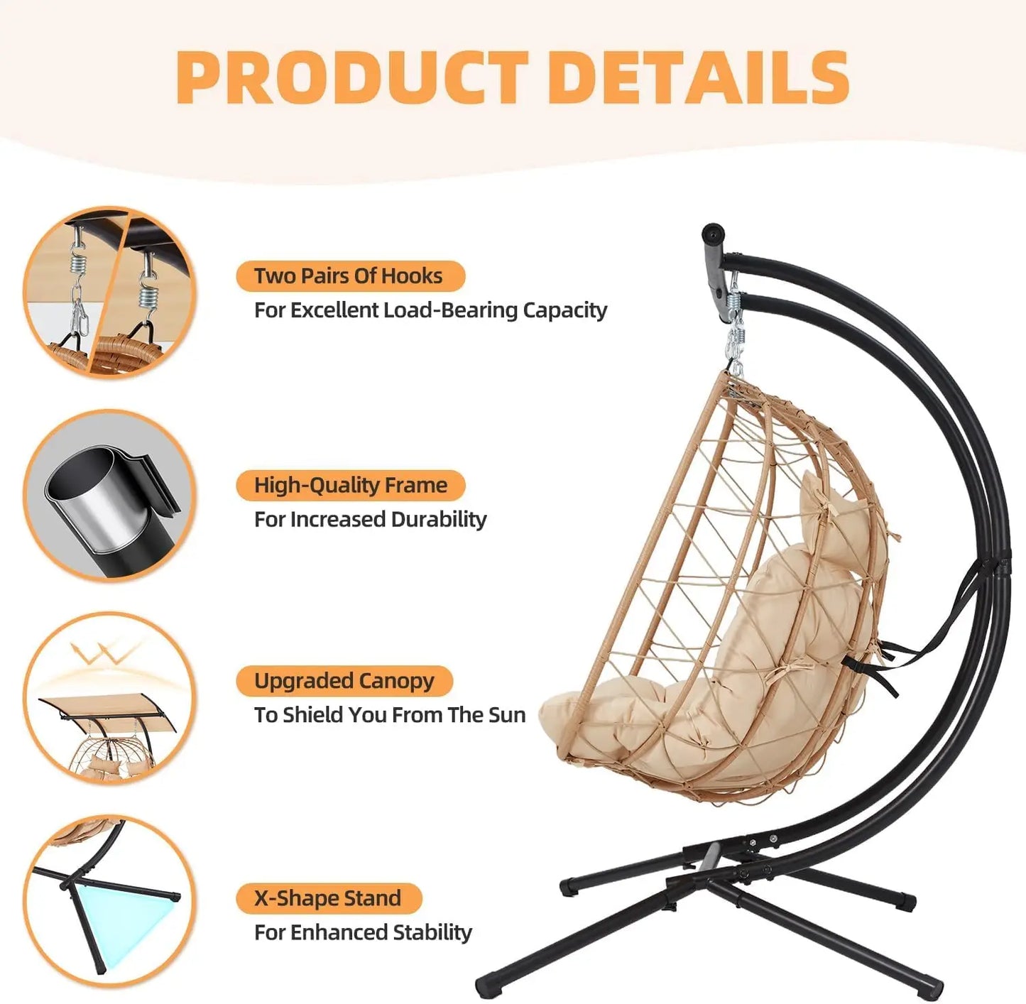 Oversized Double Egg Chair, Adjustable Canopy Swing Chair