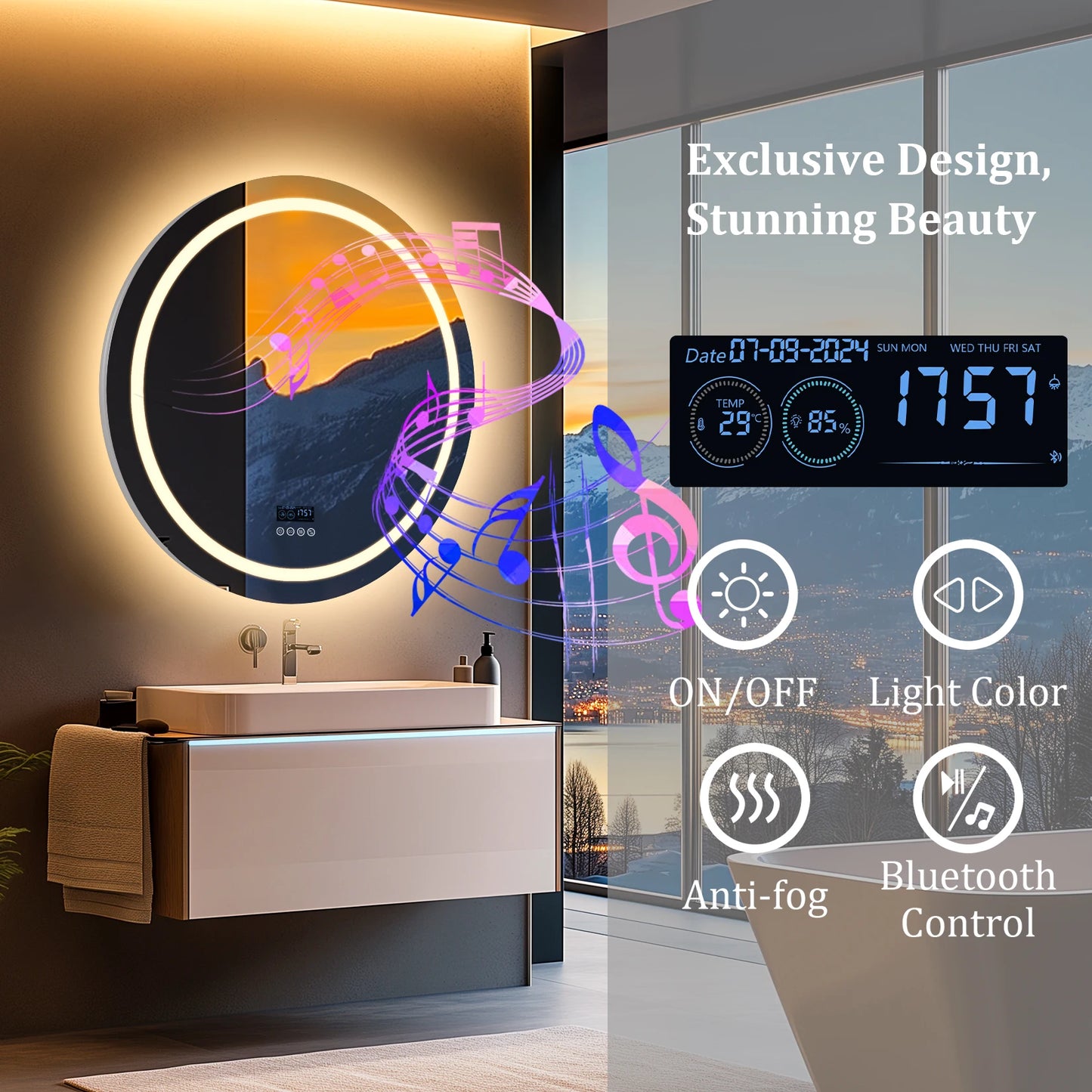 Led Bathroom Mirror, Lights,32"x32" Bluetooth Speaker Anti-Fog