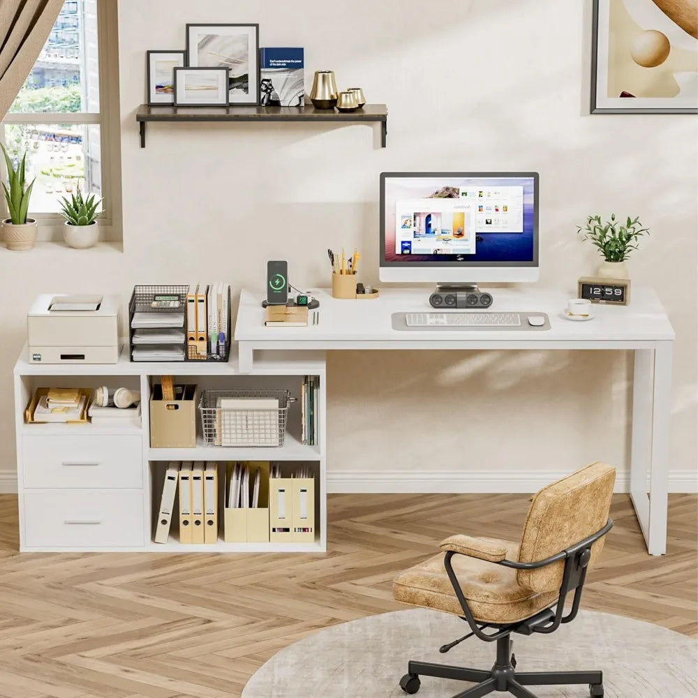 L Shaped Desk with Drawers&Shelves, 55'' Corner Desk
