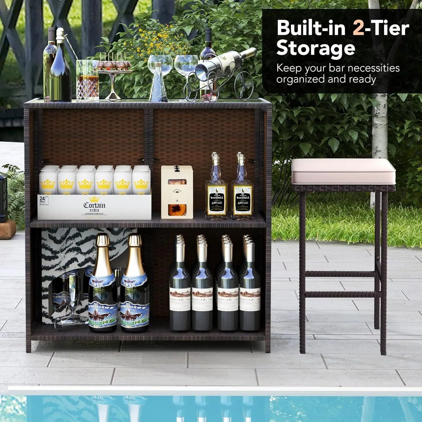 3 Piece Rattan Patio Bar, Table, and 2 Stools