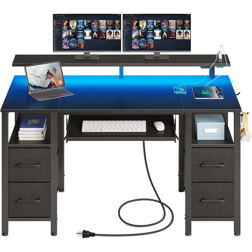 Computer Desk 47.2"" With Led Lights & Power Outlets
