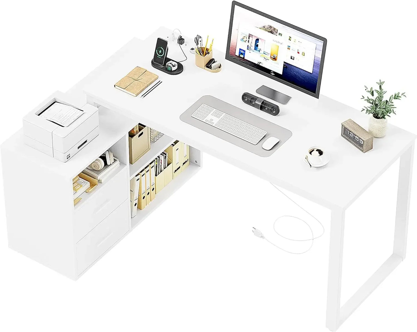 L Shaped Desk with Drawers&Shelves, 55'' Corner Desk