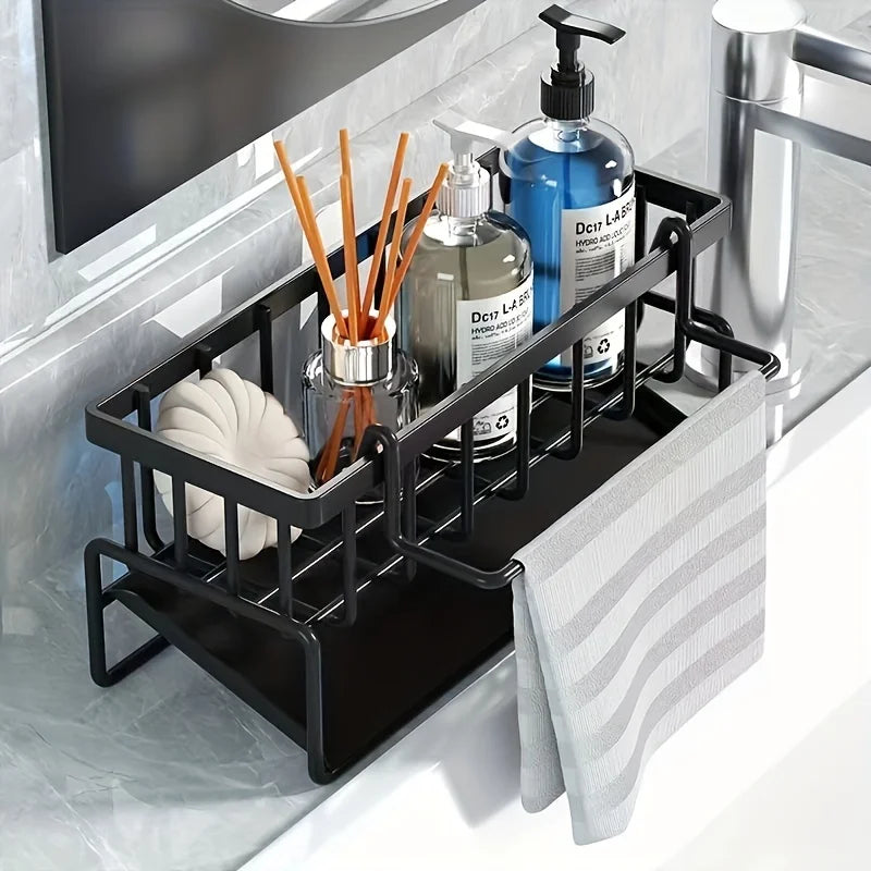 Multi-Functional Sink Caddy Organizer 9.1"Wide for Kitchen Storage Sponge Drain Rack with Dishcloth Holder for Space Saving