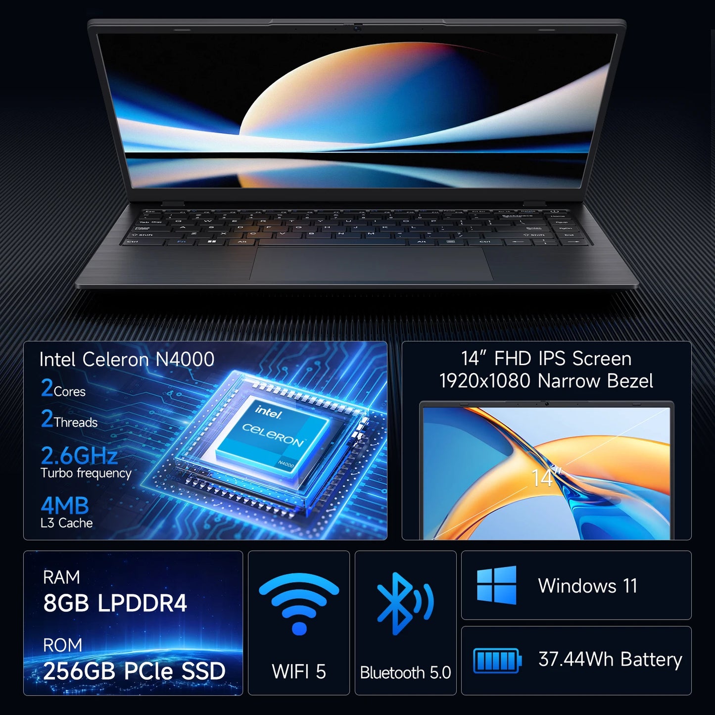14" Windows 11 Laptop N4000 2.6Ghz 8GB RAM 256GB ROM Notebook Pc Computer Laptop