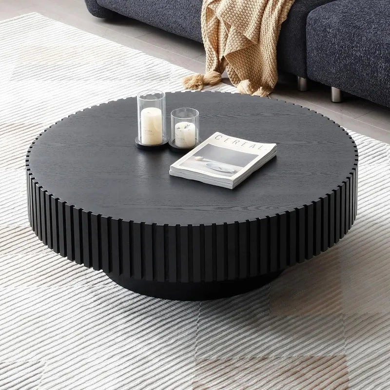 39.37'' Black Round Coffee Table, Handcrafted Fluted Circle Drum