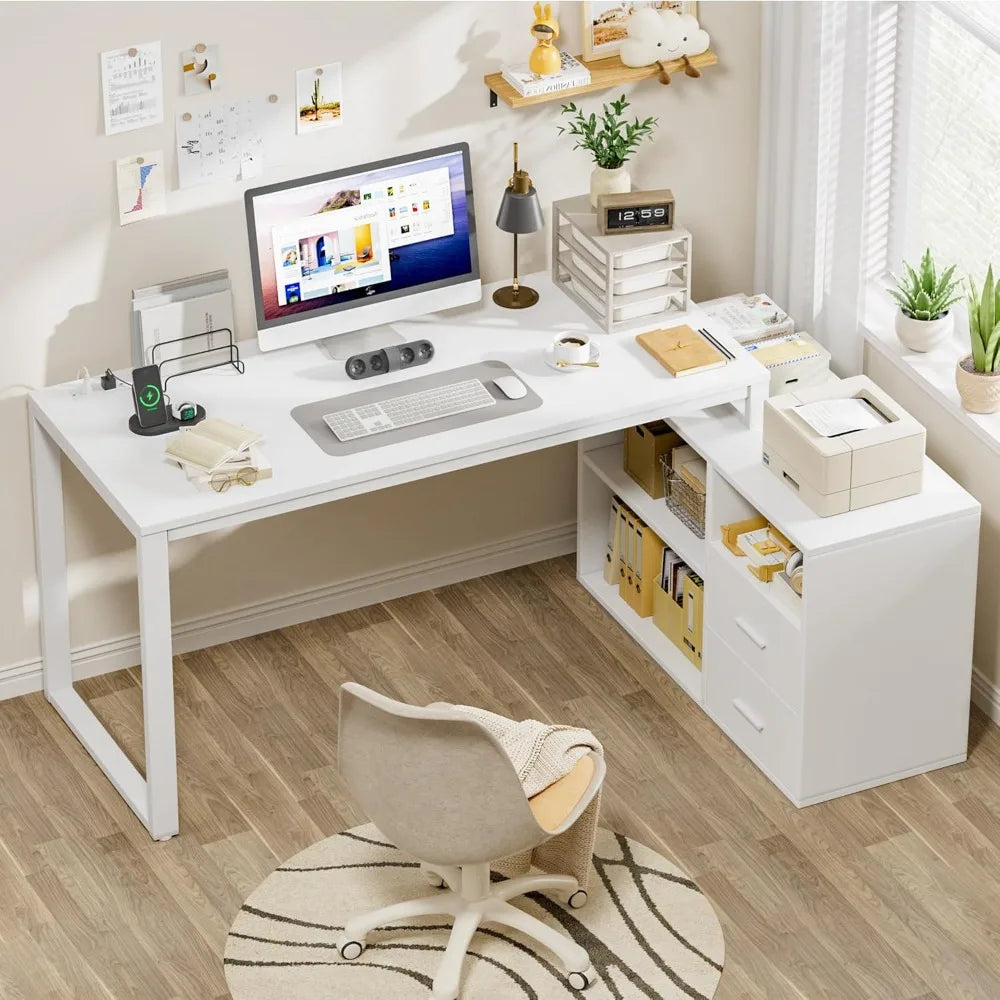 L Shaped Desk with Drawers&Shelves, 55'' Corner Desk