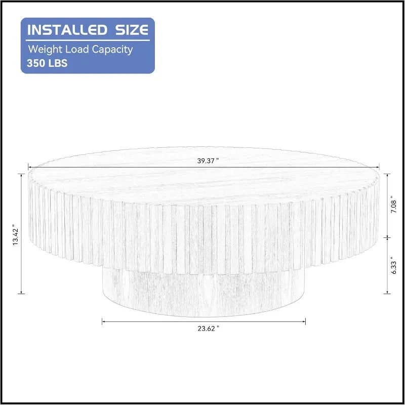39.37'' Black Round Coffee Table, Handcrafted Fluted Circle Drum
