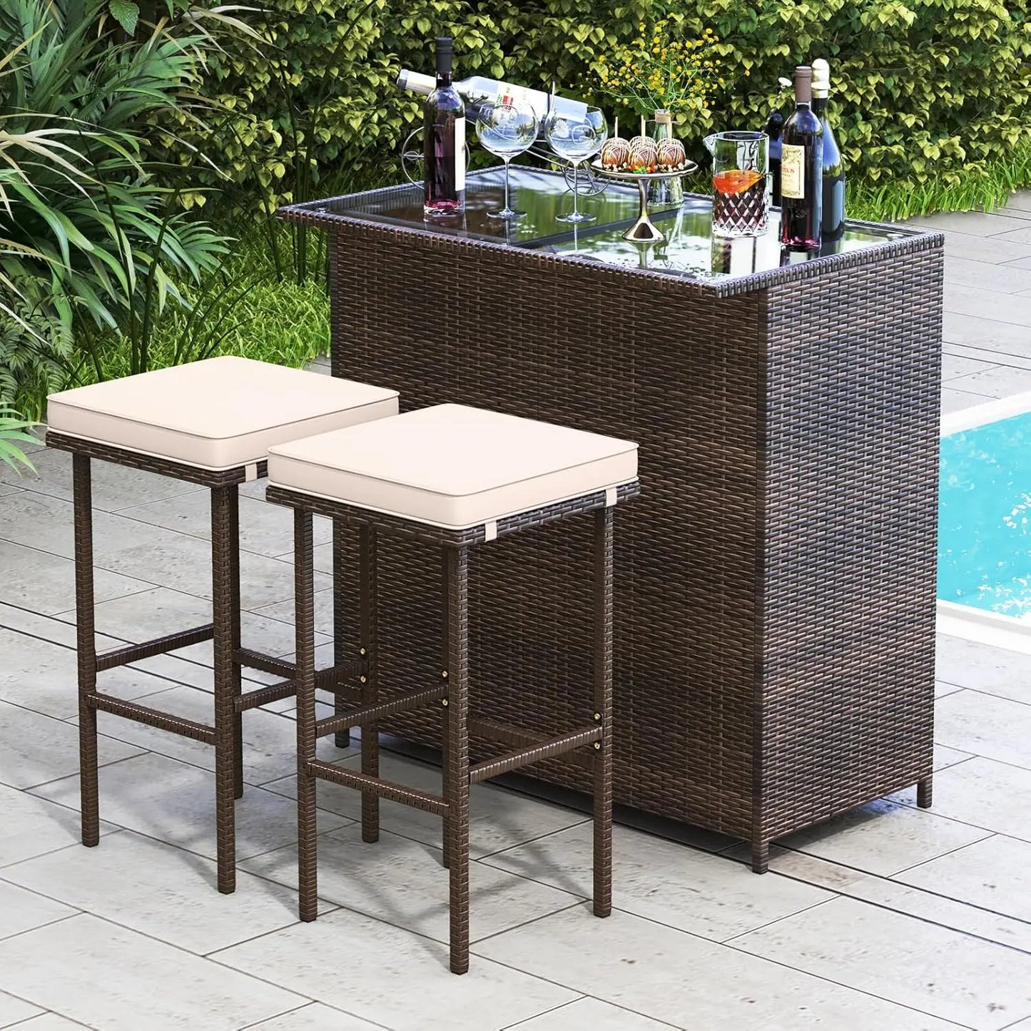 3 Piece Rattan Patio Bar, Table, and 2 Stools
