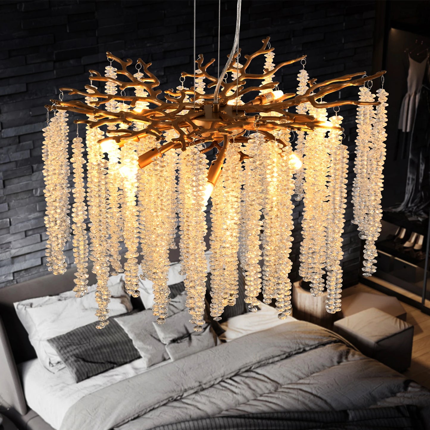 23.6" Golden Chandelier with Cascading Crystals.
Bulbs not included