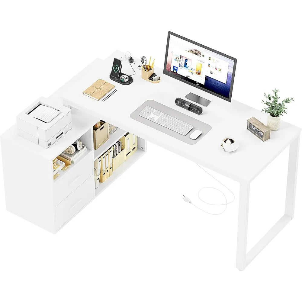 L Shaped Desk with Drawers&Shelves, 55'' Corner Desk