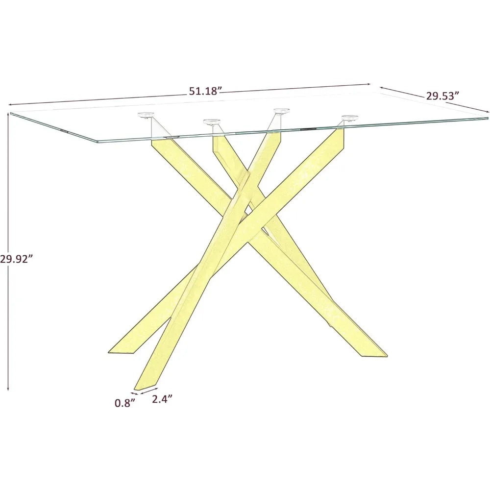 51.18" Rectangular Glass Dining Table, Tempered Glass, Metal Legs