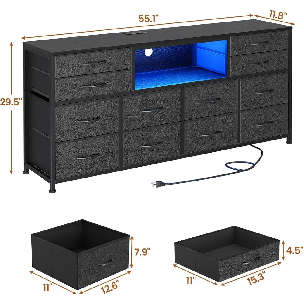 LED TV Stand Dresser for Bedroom w/Power Outlets