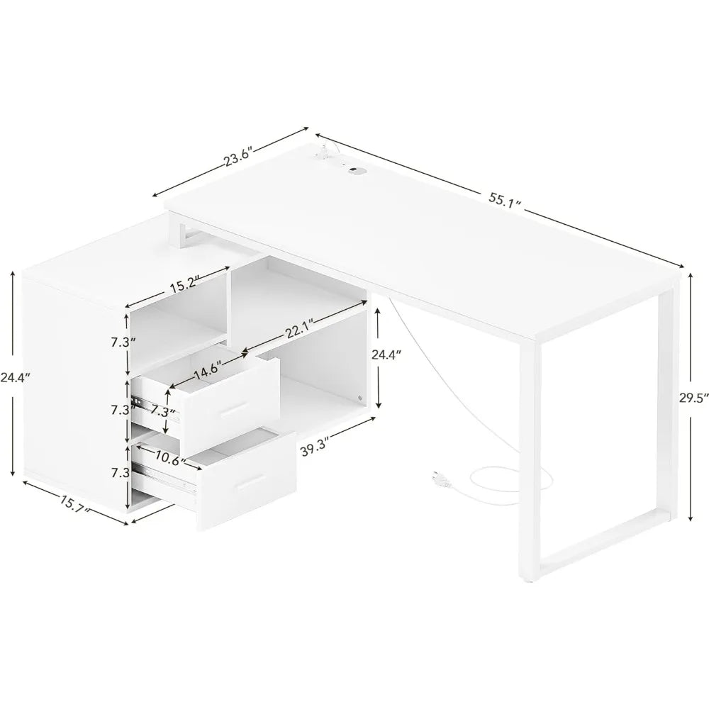 L Shaped Desk with Drawers&Shelves, 55'' Corner Desk