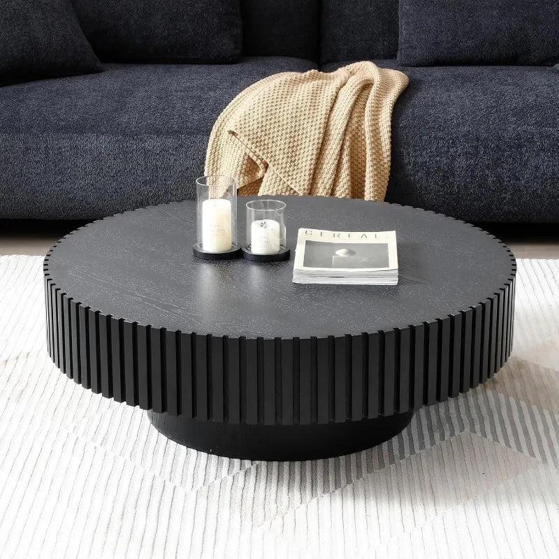39.37'' Black Round Coffee Table, Handcrafted Fluted Circle Drum