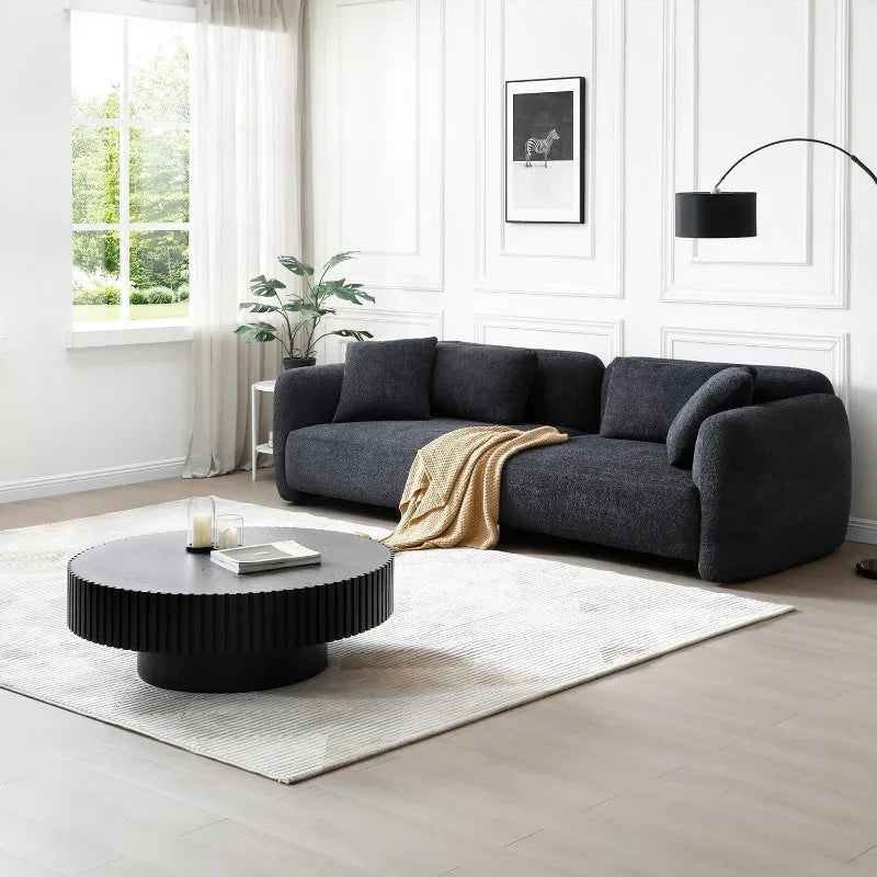 39.37'' Black Round Coffee Table, Handcrafted Fluted Circle Drum