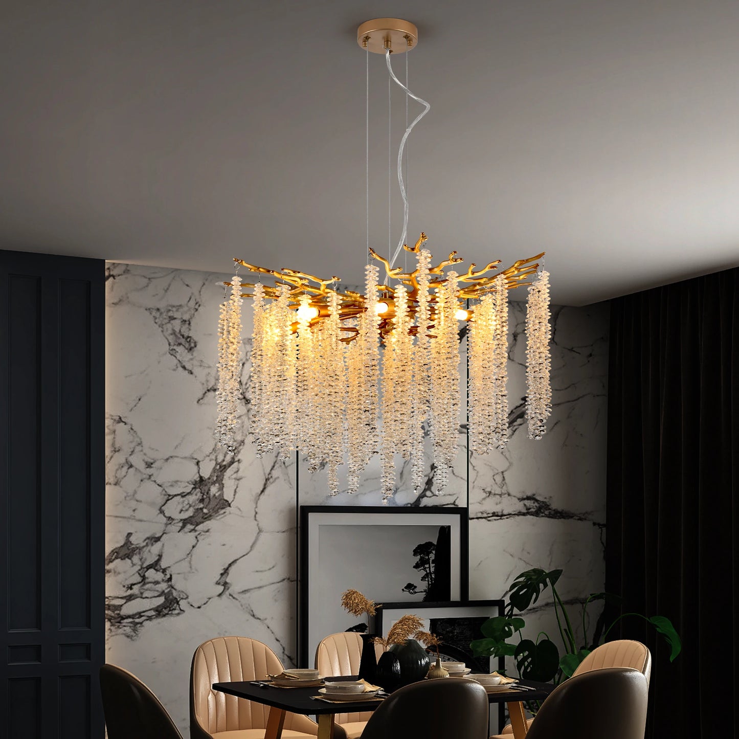 23.6" Golden Chandelier with Cascading Crystals.
Bulbs not included