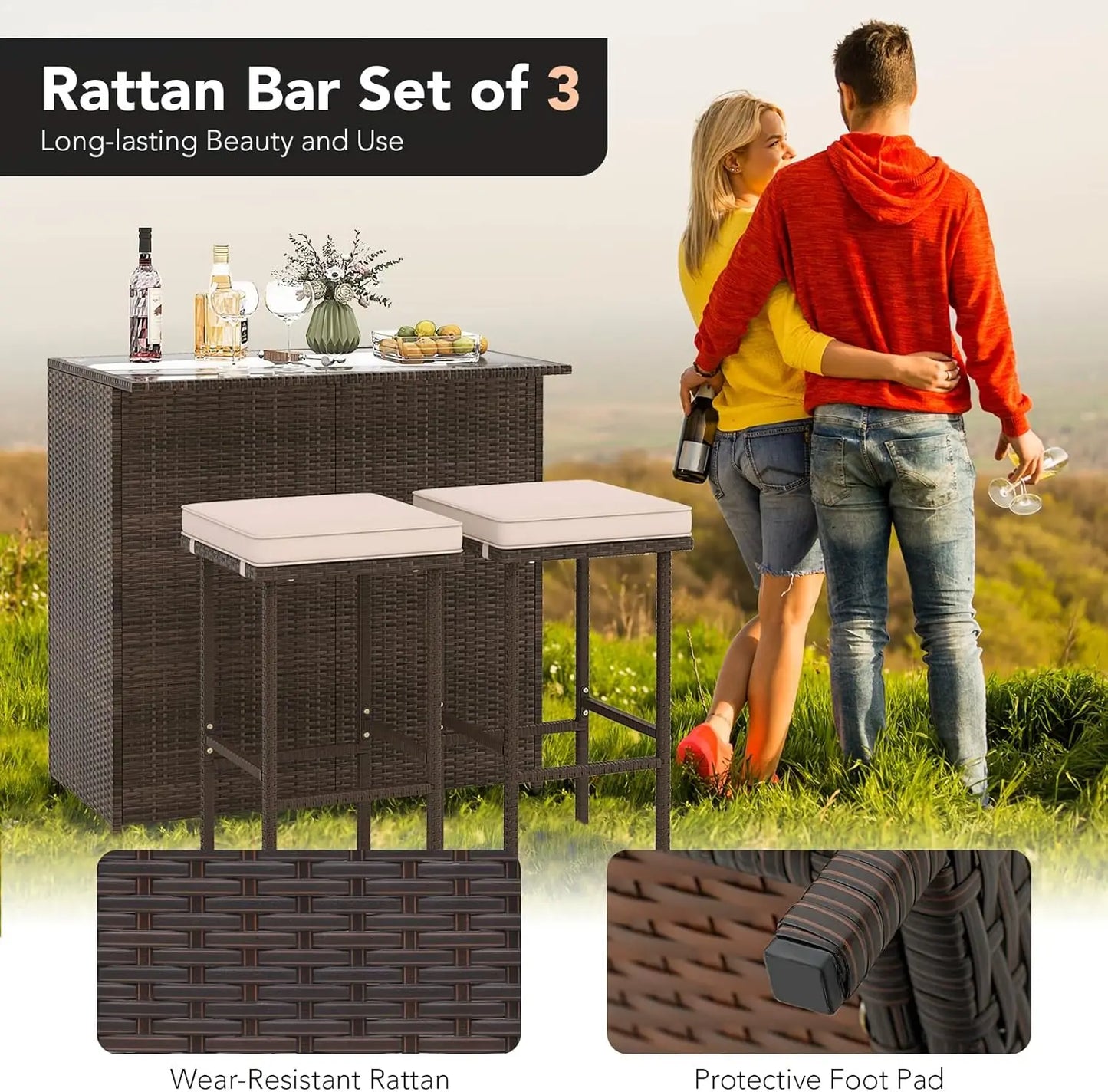 3 Piece Rattan Patio Bar, Table, and 2 Stools