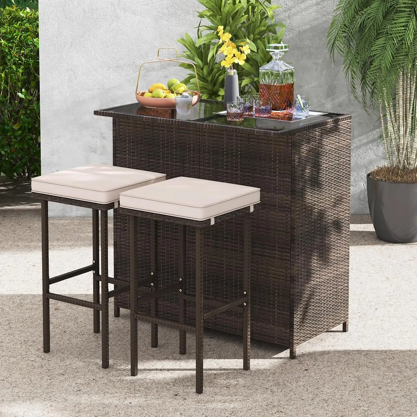 3 Piece Rattan Patio Bar, Table, and 2 Stools