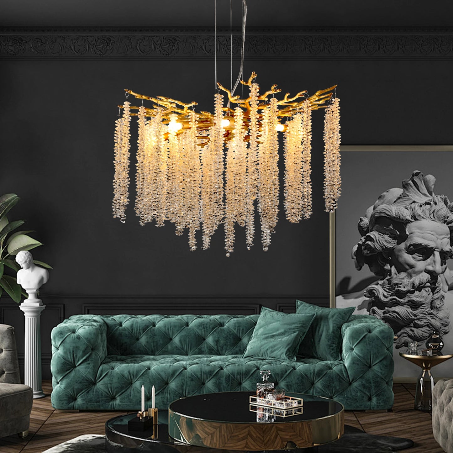 23.6" Golden Chandelier with Cascading Crystals.
Bulbs not included