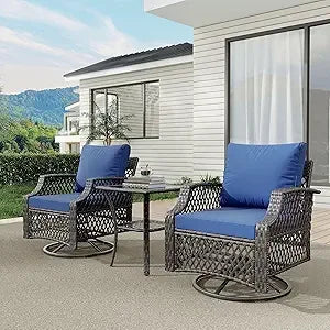 3 Piece Outdoor Swivel Chair, Wicker Patio Bistro Set