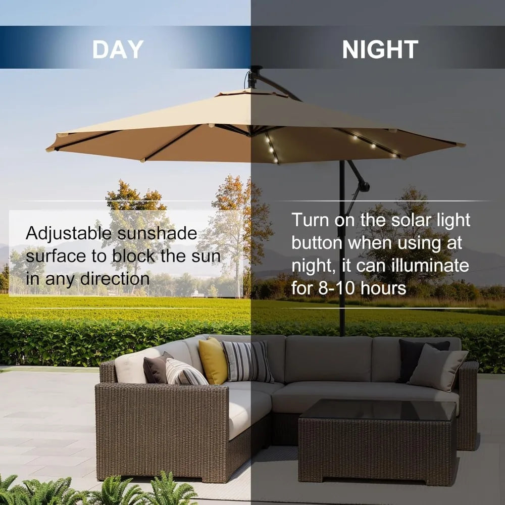 10ft Solar Lighted Patio Umbrella, Offset Cantilever, Infinite Tilt