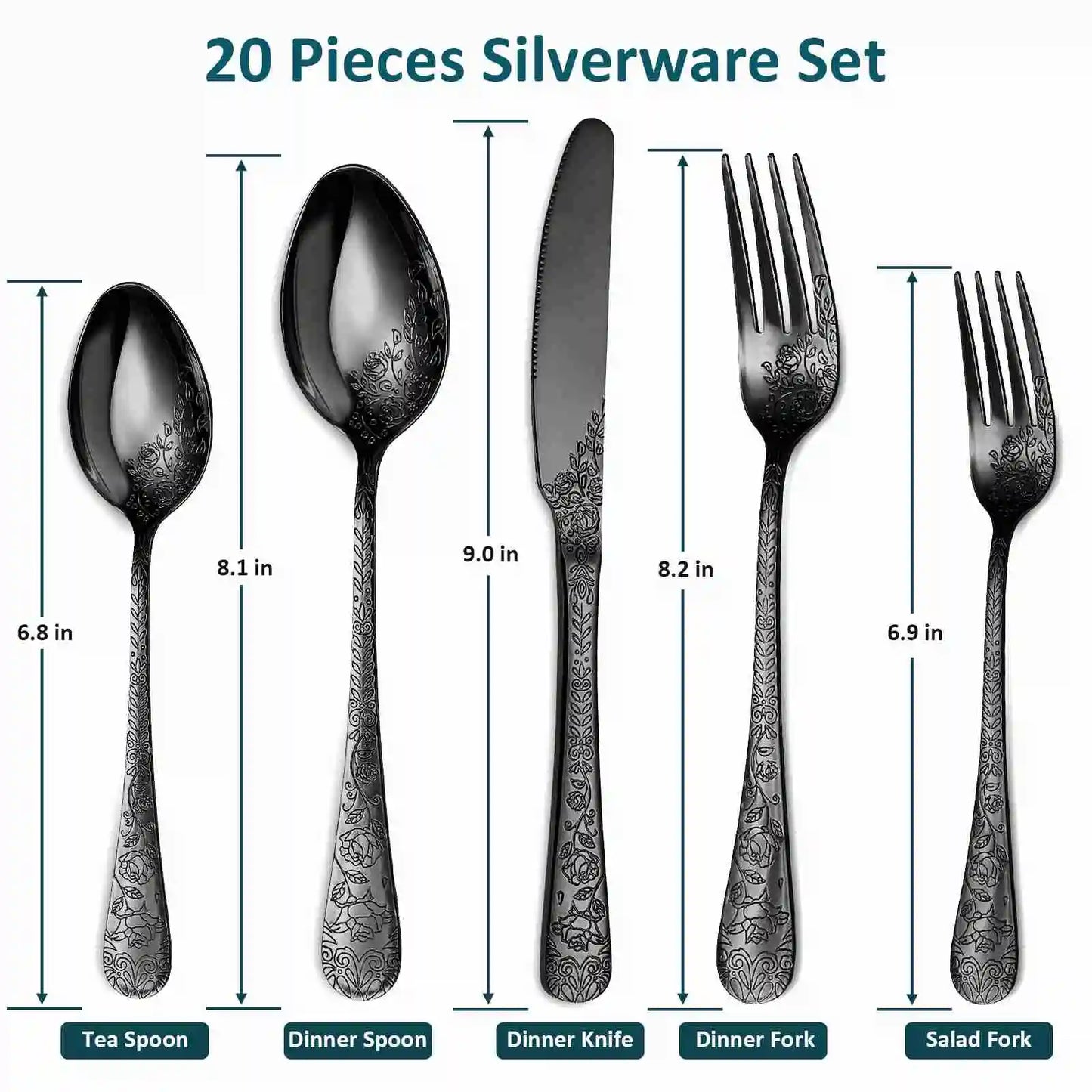 4 Set Vintage Flower Carved Flatware Family Set for 4