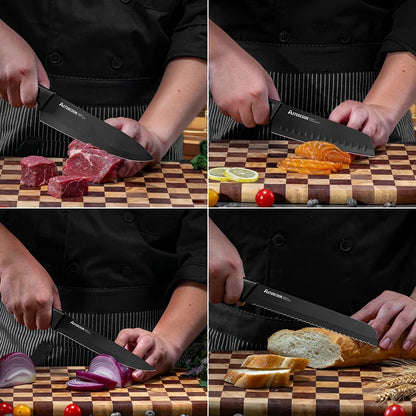 15PCS/ Astercook Knife Set with Sharpener Block - German Stainless Steel, Dishwasher Safe Kitchen Knife with Built-in Sharpener