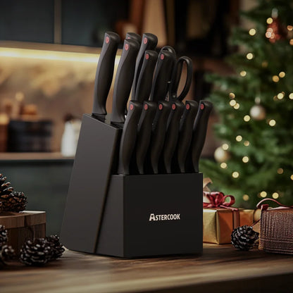 15PCS/ Astercook Knife Set with Sharpener Block - German Stainless Steel, Dishwasher Safe Kitchen Knife with Built-in Sharpener