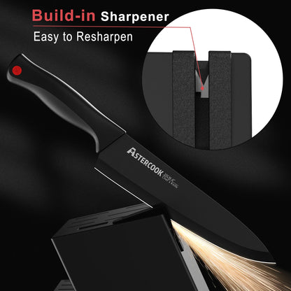 15PCS/ Astercook Knife Set with Sharpener Block - German Stainless Steel, Dishwasher Safe Kitchen Knife with Built-in Sharpener