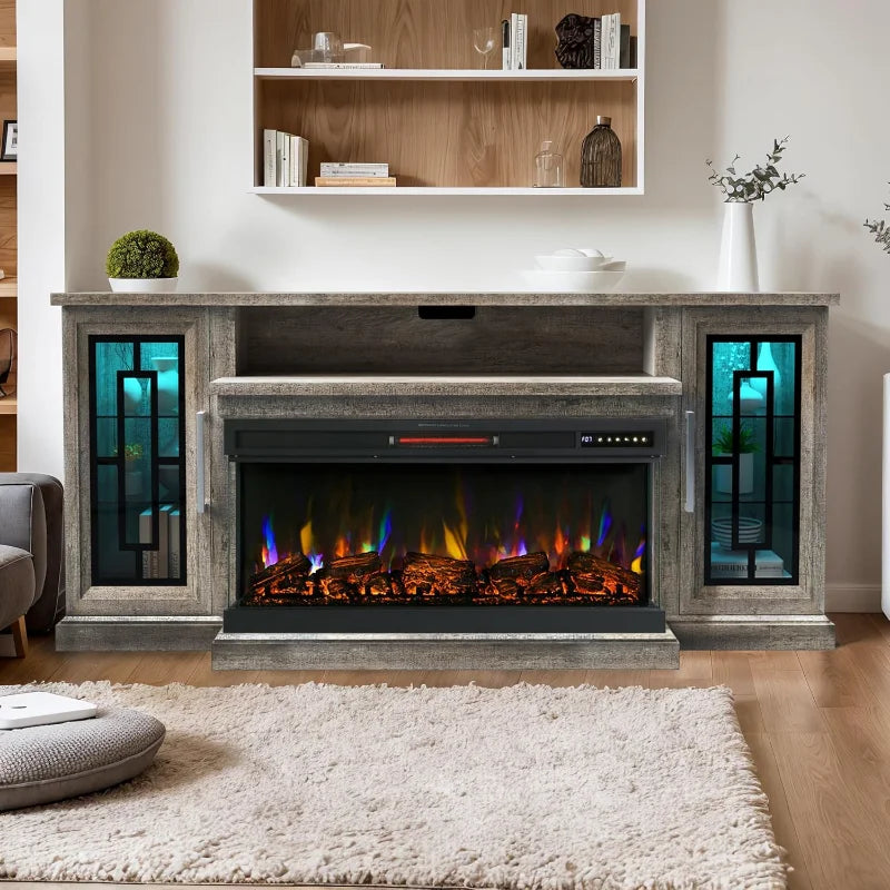 75" Electric Fireplace TV Stand, Modern Media Entertainment Center