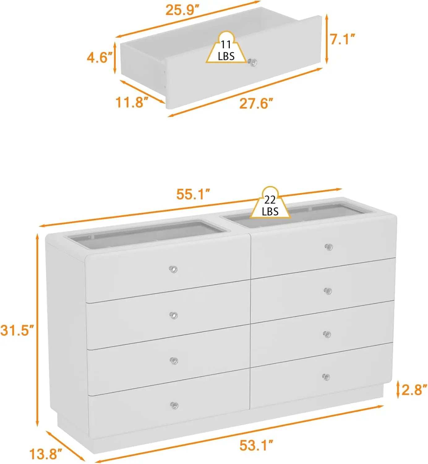 "White 53" Dresser w/Glass Top & 8 Drawers - Modern Wood