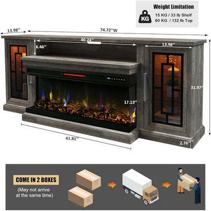 75" Electric Fireplace TV Stand, Modern Media Entertainment Center
