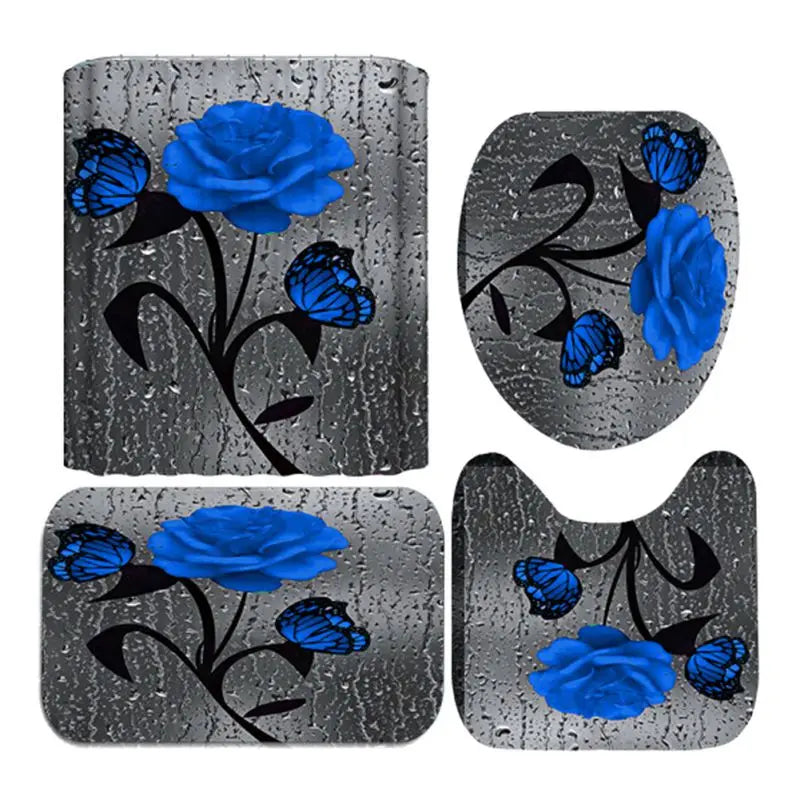4pcs Doormat, Shower Curtain, Non-Slip Rugs Toilet Seat
