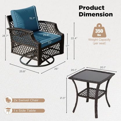3 Piece Outdoor Swivel Chair, Wicker Patio Bistro Set