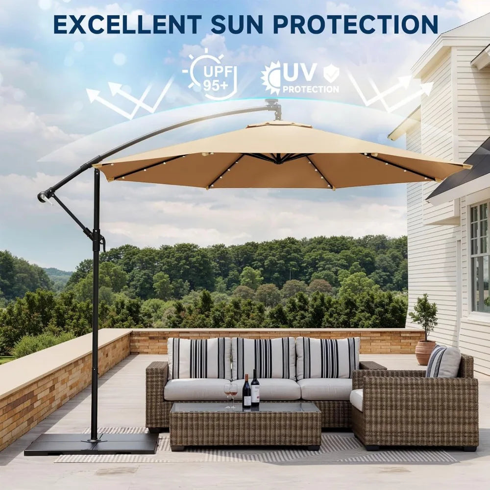 10ft Solar Lighted Patio Umbrella, Offset Cantilever, Infinite Tilt