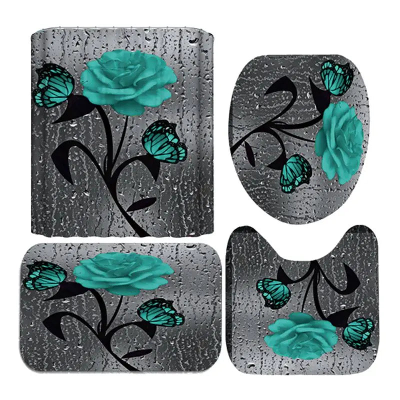 4pcs Doormat, Shower Curtain, Non-Slip Rugs Toilet Seat