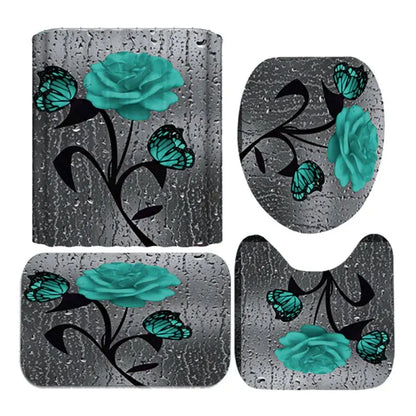 4pcs Doormat, Shower Curtain, Non-Slip Rugs Toilet Seat