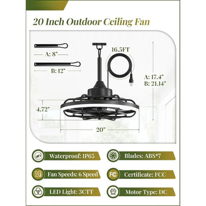 Outdoor Ceiling Fan with Light for Patios, 20" Weatherproof
