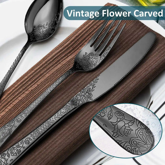 4 Set Vintage Flower Carved Flatware Family Set for 4