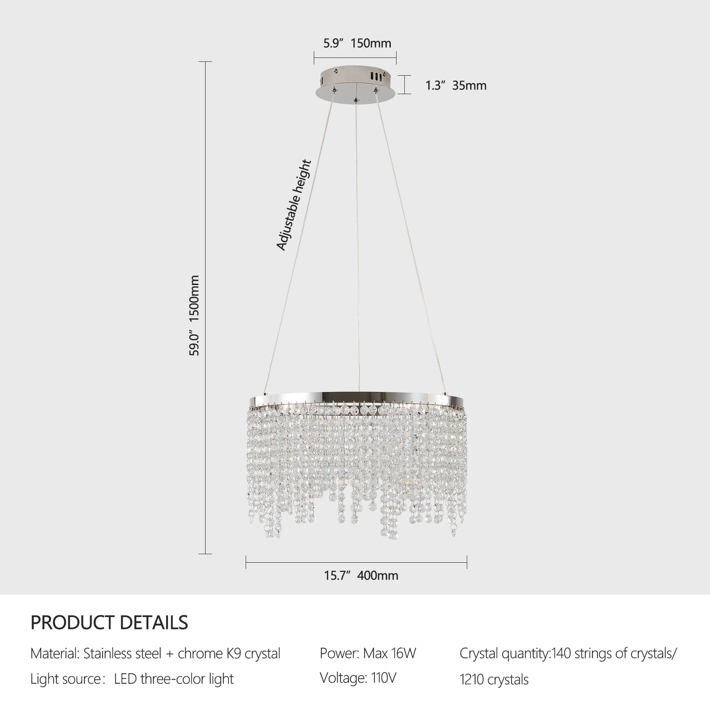 16" Luxury Crystal Led Chandelier - Dimmable - Adjustable Height