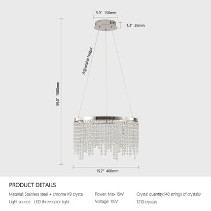 16" Luxury Crystal Led Chandelier - Dimmable - Adjustable Height