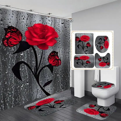 4pcs Doormat, Shower Curtain, Non-Slip Rugs Toilet Seat