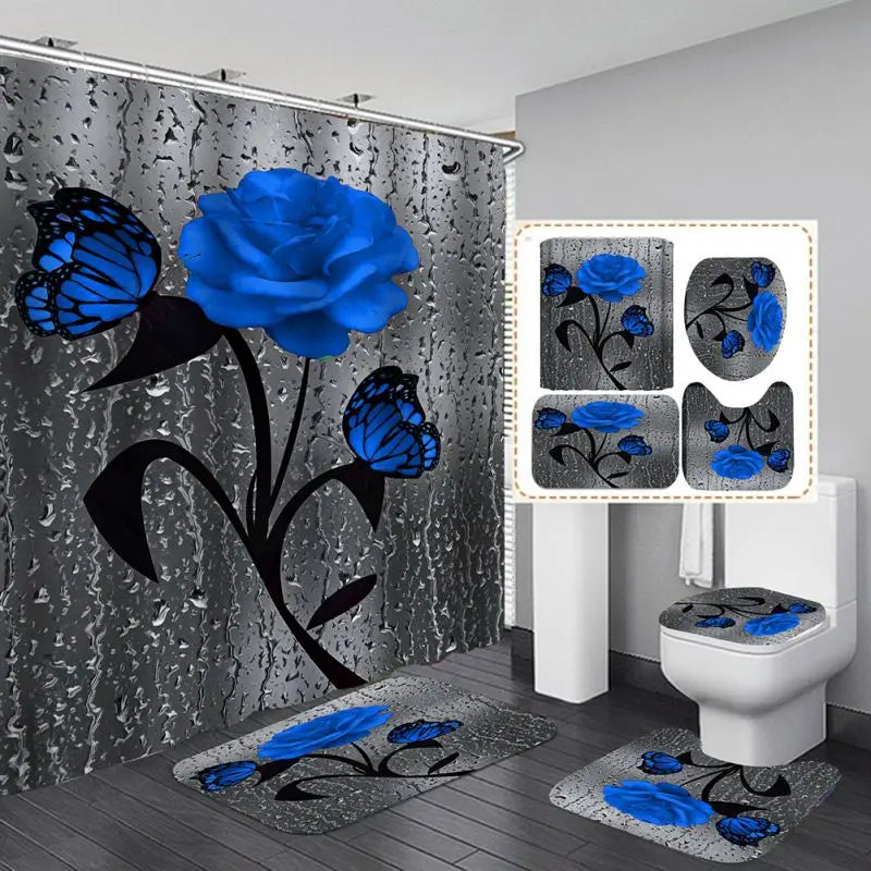 4pcs Doormat, Shower Curtain, Non-Slip Rugs Toilet Seat