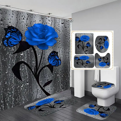 4pcs Doormat, Shower Curtain, Non-Slip Rugs Toilet Seat