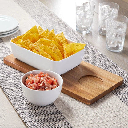 4 Pack Ceramic Chip Dip Bowl Set & Acacia Tray
