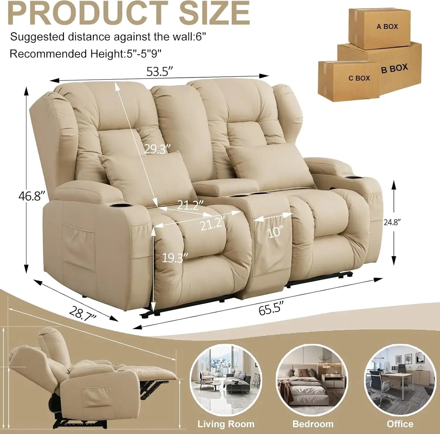 65.5" RV Loveseat Recliner Double Recliner RV Sofa & Console