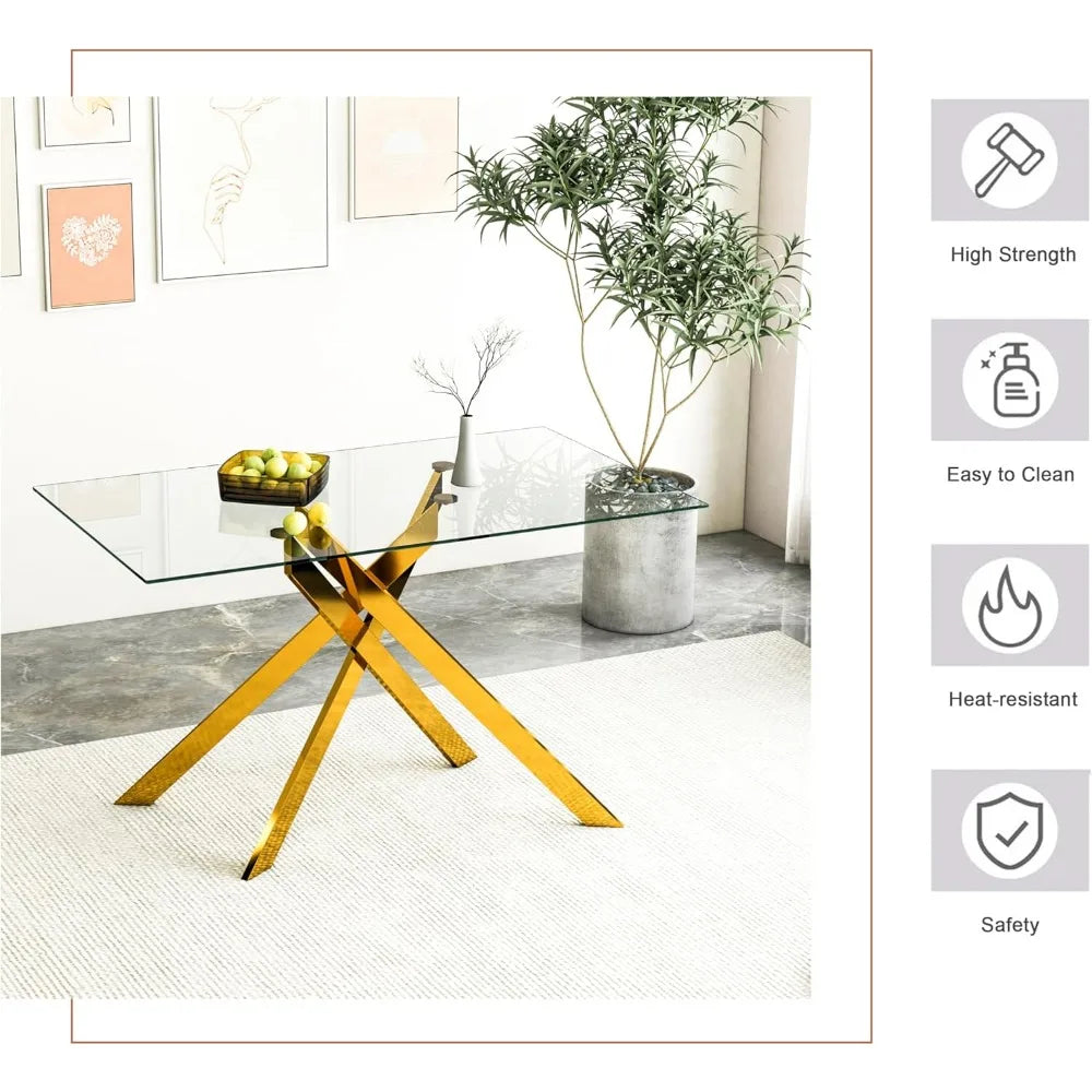 51.18" Rectangular Glass Dining Table, Tempered Glass, Metal Legs